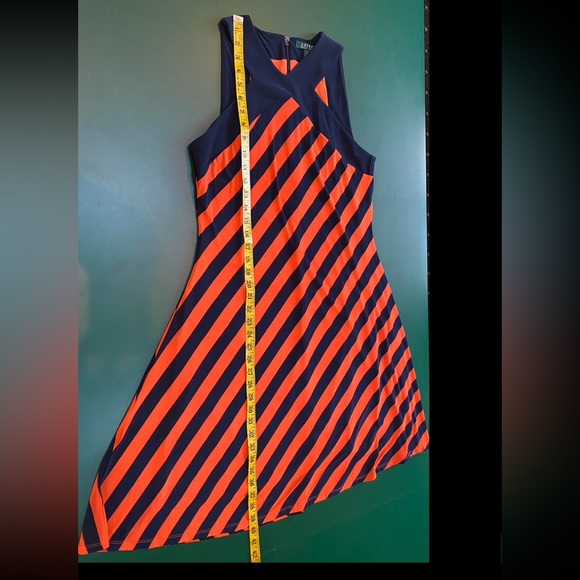 Lauren by Ralph Lauren Navy Blue & Orange Striped Midi Dress, Size Large - Picture 6 of 8